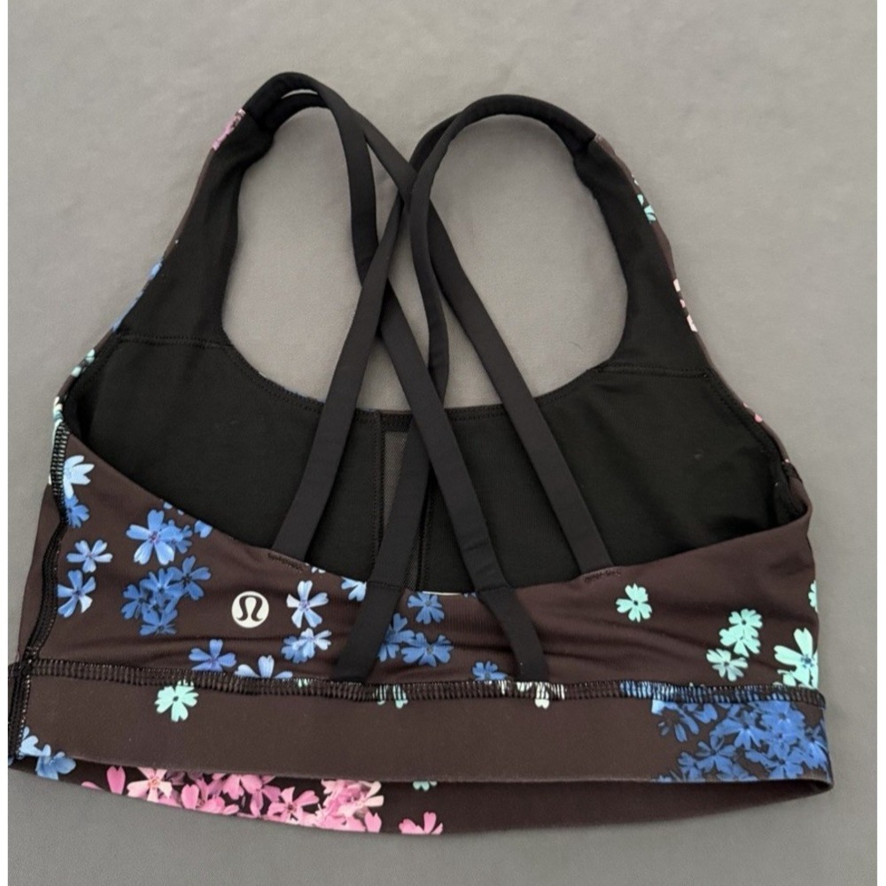 Lululemon Sports Bra Size 4 Brown Floral Criss Cross Back Athletic No Pads - Picture 6 of 7